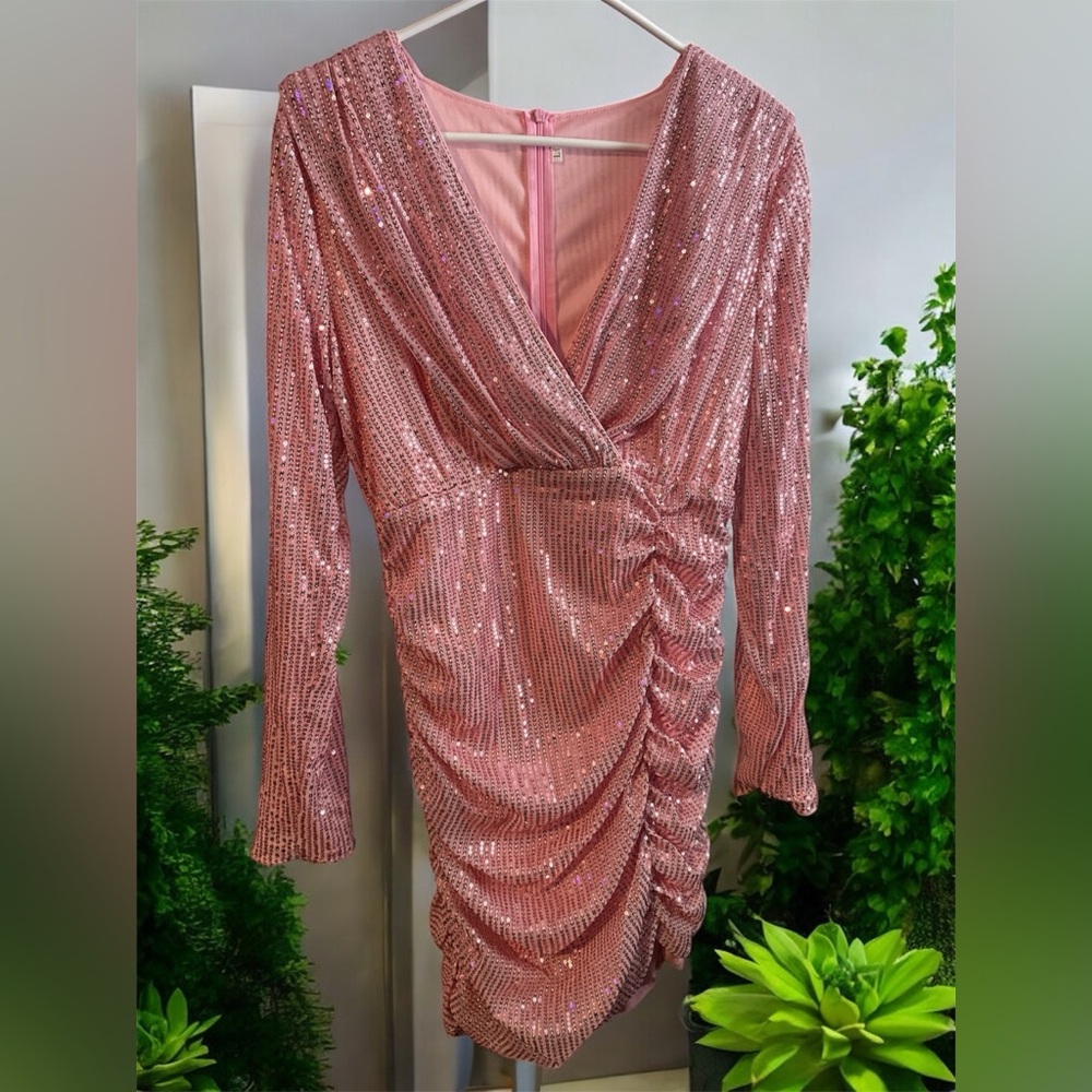 SHEIN Pink Sequin Wrap Dress with Plunge Neckline